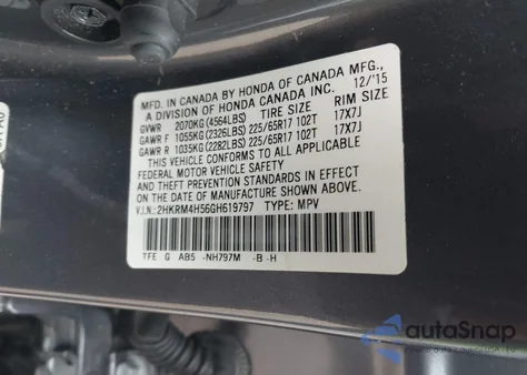 2016 Honda Cr-V Ex z USA, uszkodzony, nr VIN 2HKRM4H56GH619797